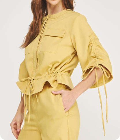 HONEY MUSTARD YELLOW 1/2 SLEEVE RUCHED SUITING TOP JACKET