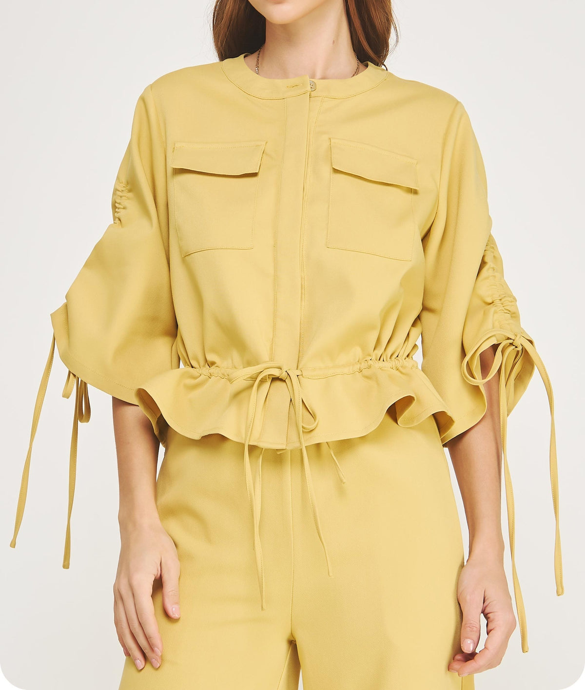 HONEY MUSTARD YELLOW 1/2 SLEEVE RUCHED SUITING TOP JACKET