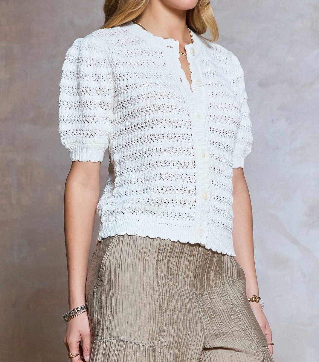 WHITE CROCHET KNIT SHORT SLEEVE BUTTON UP SWEATER CARDIGAN