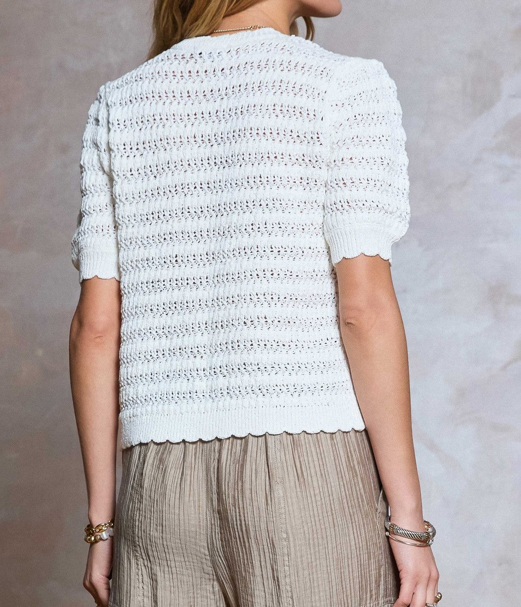 WHITE CROCHET KNIT SHORT SLEEVE BUTTON UP SWEATER CARDIGAN