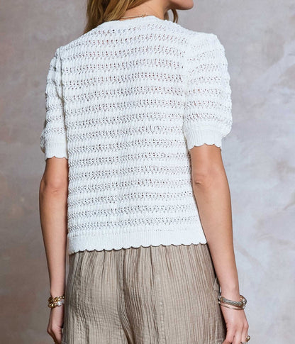 WHITE CROCHET KNIT SHORT SLEEVE BUTTON UP SWEATER CARDIGAN