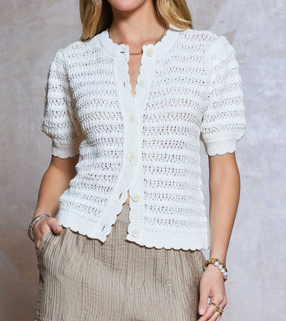 WHITE CROCHET KNIT SHORT SLEEVE BUTTON UP SWEATER CARDIGAN
