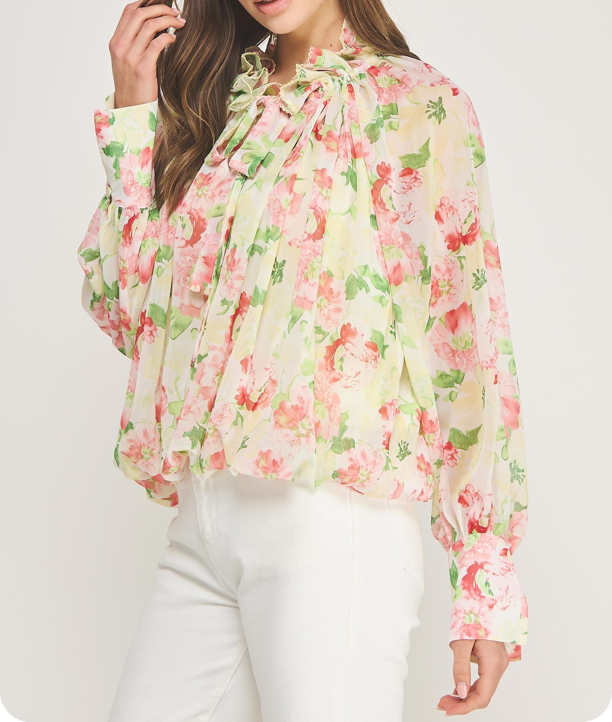 YELLOW MULTI FLORAL PRINT PICOT STITCH DETAIL LONG SLEEVE TOP