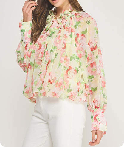 YELLOW MULTI FLORAL PRINT PICOT STITCH DETAIL LONG SLEEVE TOP