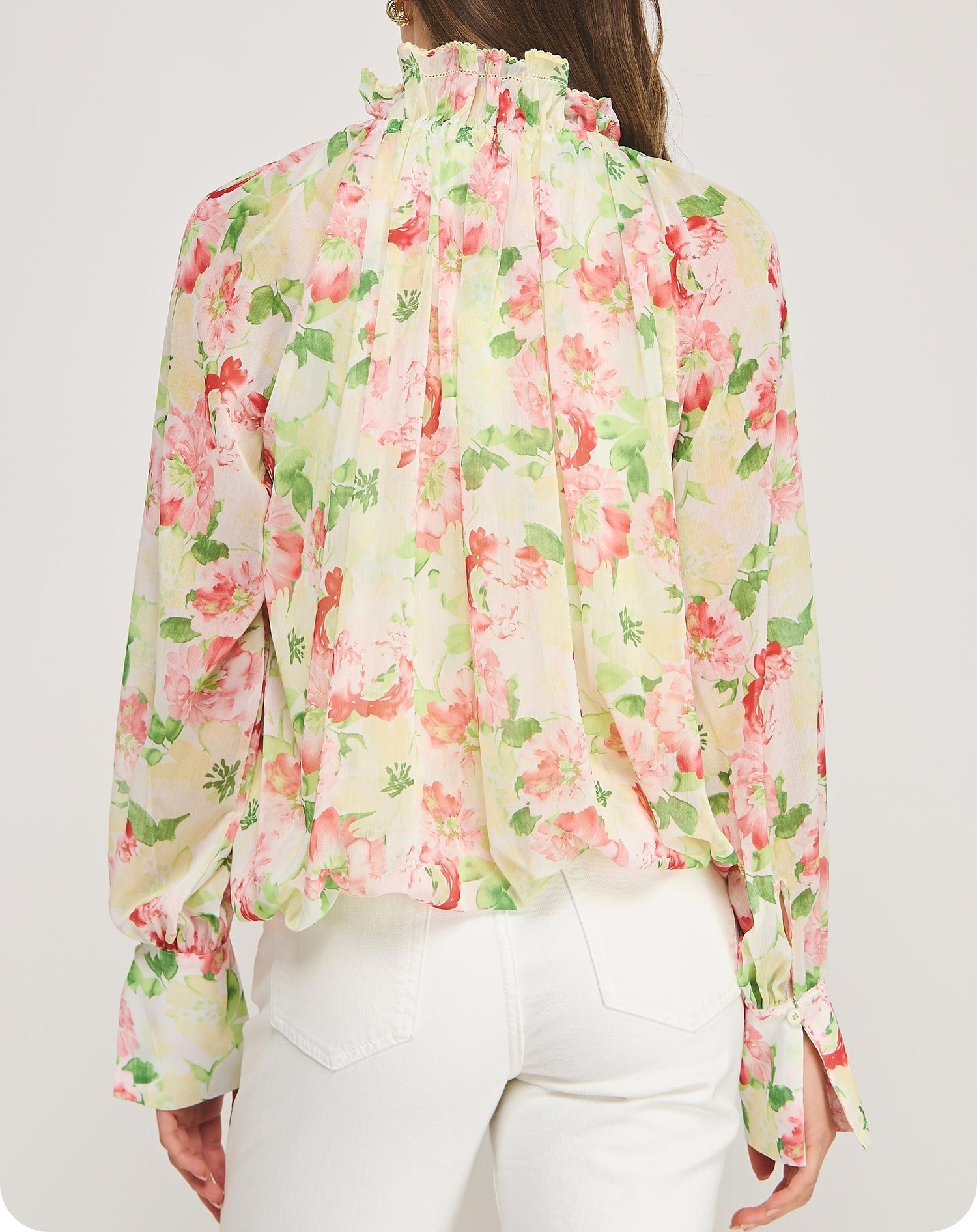 YELLOW MULTI FLORAL PRINT PICOT STITCH DETAIL LONG SLEEVE TOP