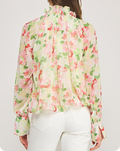 YELLOW MULTI FLORAL PRINT PICOT STITCH DETAIL LONG SLEEVE TOP