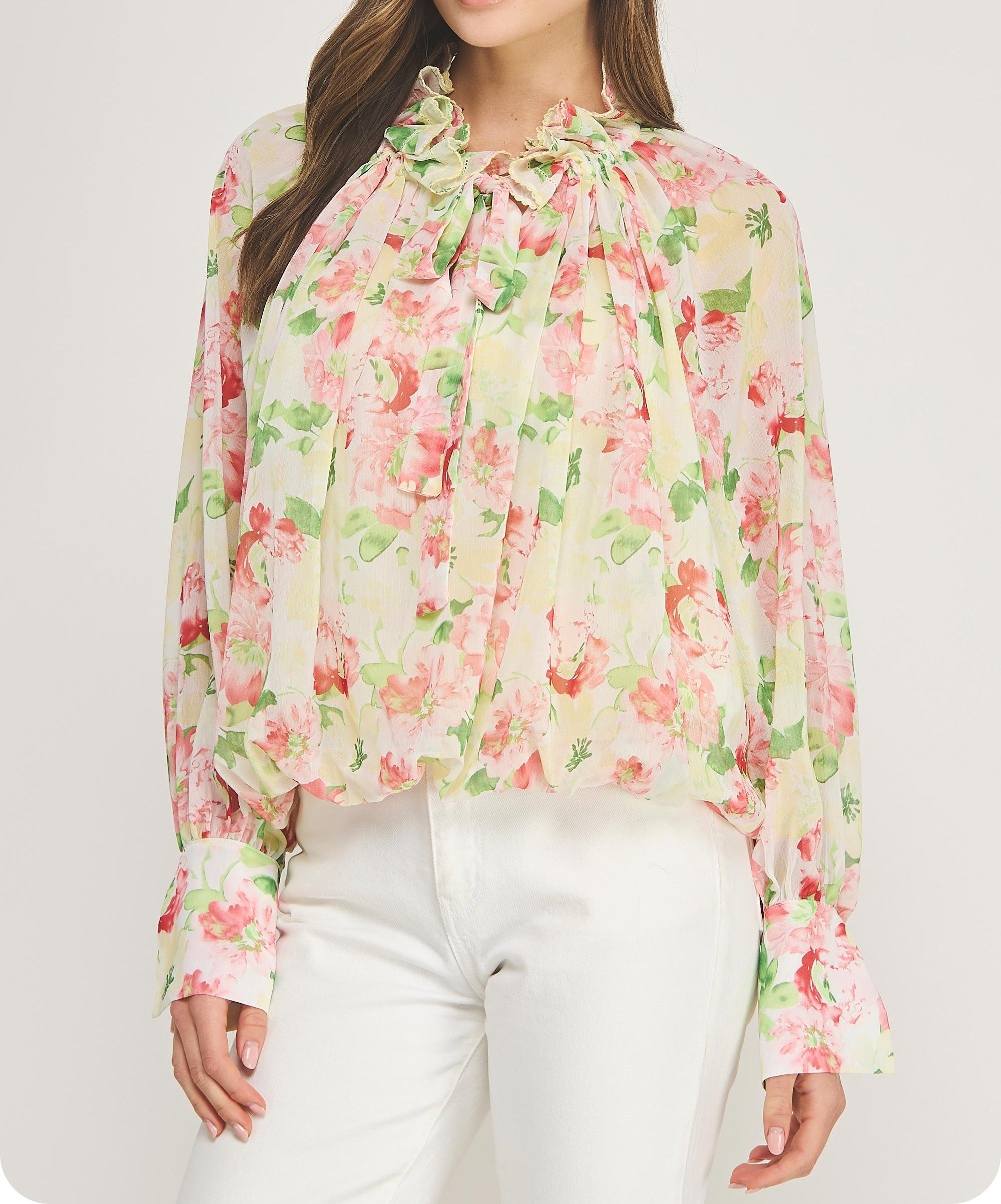 YELLOW MULTI FLORAL PRINT PICOT STITCH DETAIL LONG SLEEVE TOP