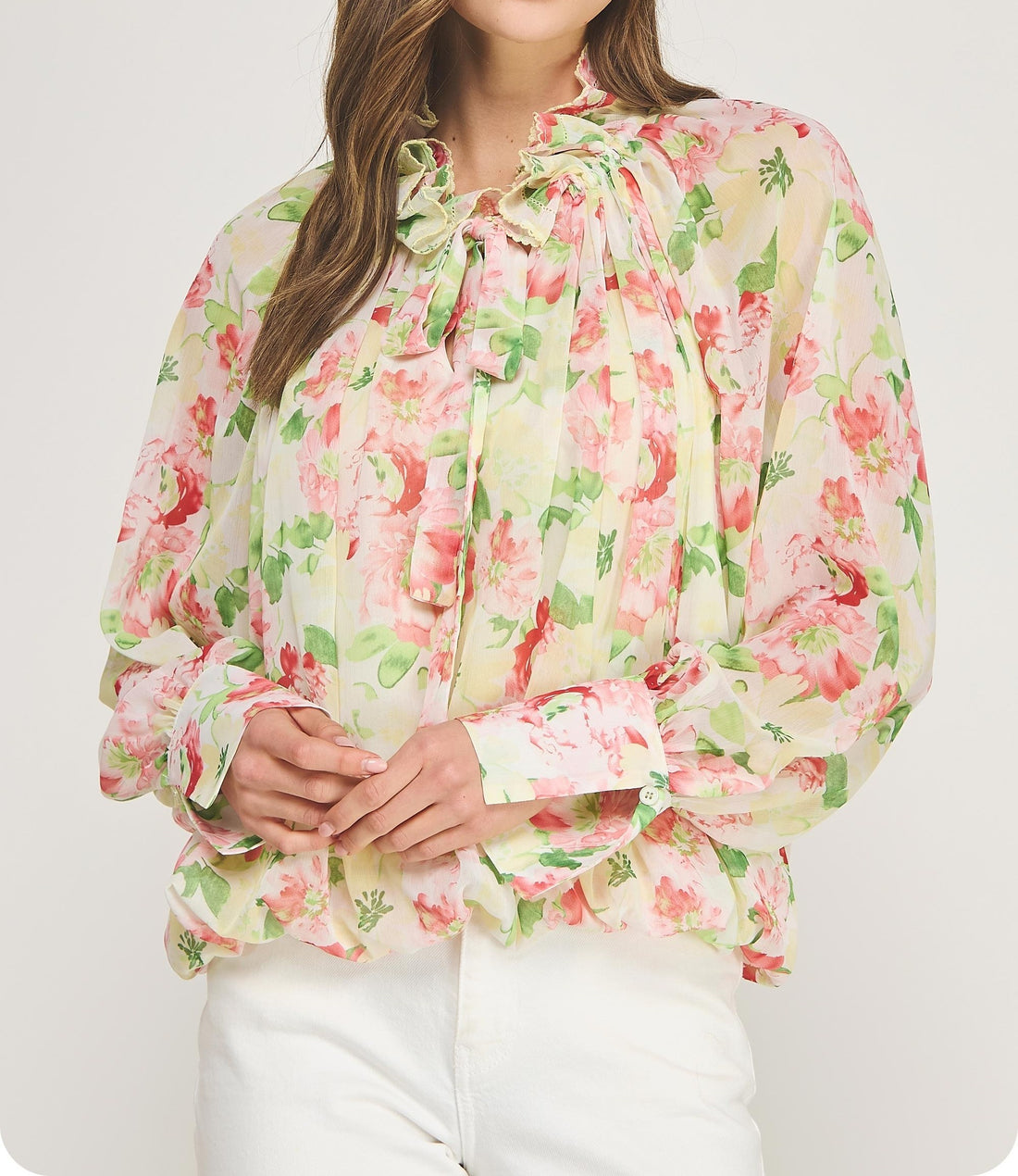 YELLOW MULTI FLORAL PRINT PICOT STITCH DETAIL LONG SLEEVE TOP