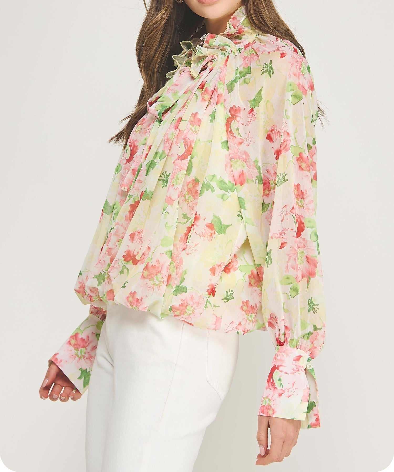 YELLOW MULTI FLORAL PRINT PICOT STITCH DETAIL LONG SLEEVE TOP