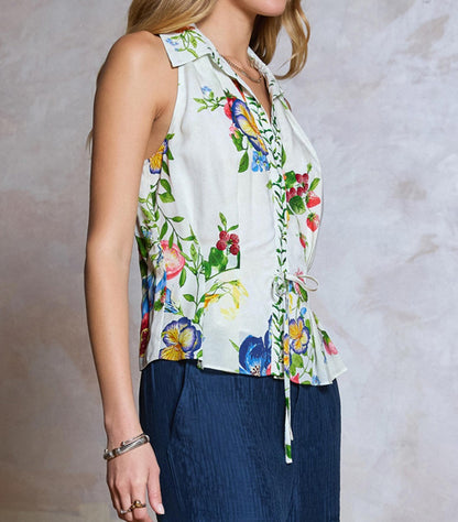 MULTI COLOR FLORAL PRINT HALTER BUTTON UP SLEEVELESS WAIST TIE TOP