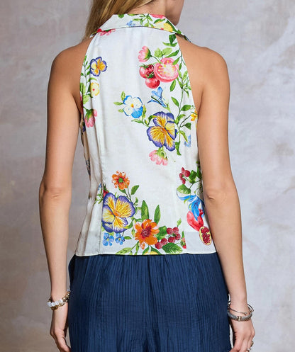 MULTI COLOR FLORAL PRINT HALTER BUTTON UP SLEEVELESS WAIST TIE TOP