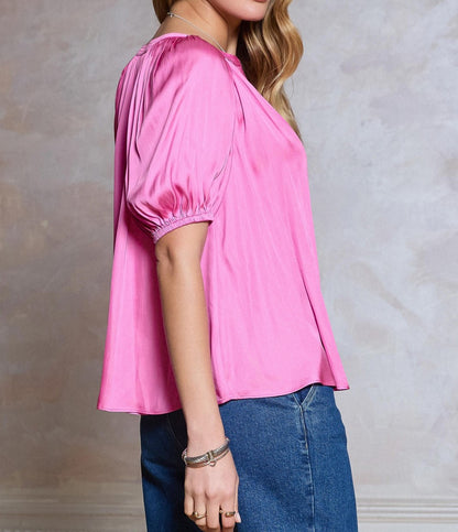 AMARANTH PINK SPLIT V-NECK HALF RAGLAN SLEEVE RELAXED TOP