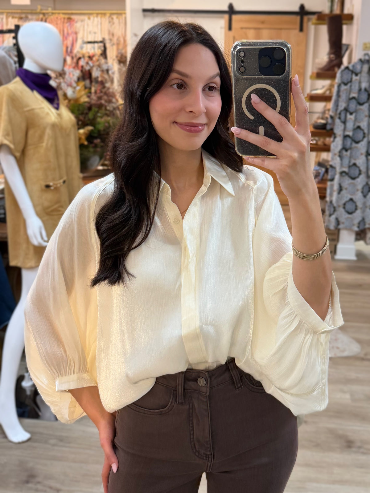 IVORY METALLIC OVERSIZED BUTTON UP DOLMAN SLEEVE TOP