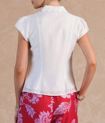 WHITE SCALLOP EDGE COLLAR GOLD BUTTON UP SHORT CAP SLEEVE FITTED TOP