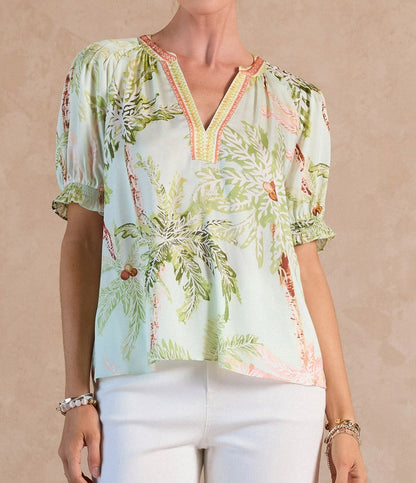 SEAFOAM TROPICAL PRINT SPLIT VNECK SHORT SLEEVE TOP