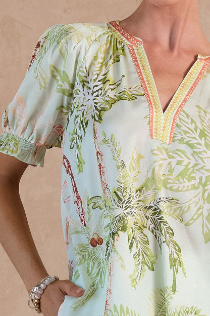 SEAFOAM TROPICAL PRINT SPLIT VNECK SHORT SLEEVE TOP