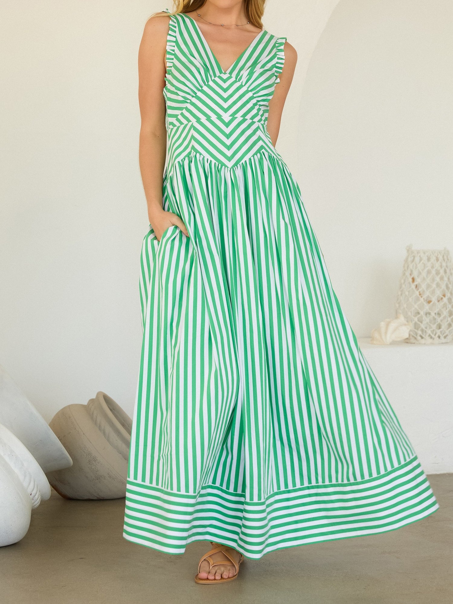 GREEN STRIPE VNECK DROP WAIST SLEEVELESS MAXI DRESS