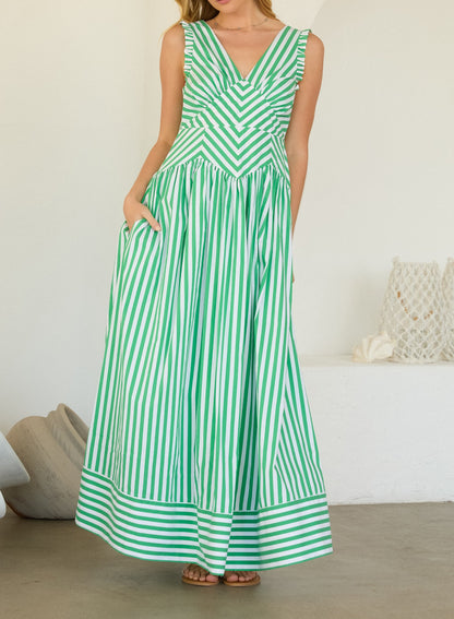 GREEN STRIPE VNECK DROP WAIST SLEEVELESS MAXI DRESS