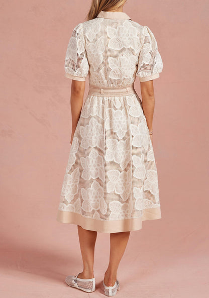 ALMOND FLORAL MESH CROCHET COLLARED SHIRT MIDI DRESS