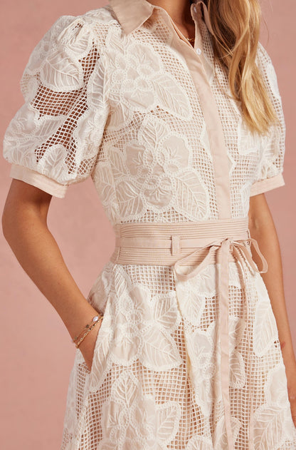 ALMOND FLORAL MESH CROCHET COLLARED SHIRT MIDI DRESS