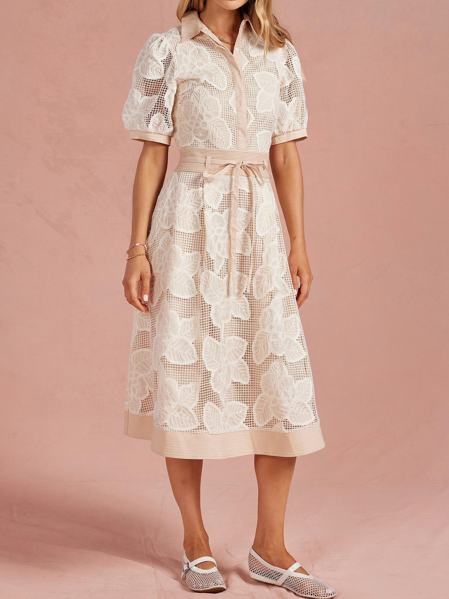 ALMOND FLORAL MESH CROCHET COLLARED SHIRT MIDI DRESS