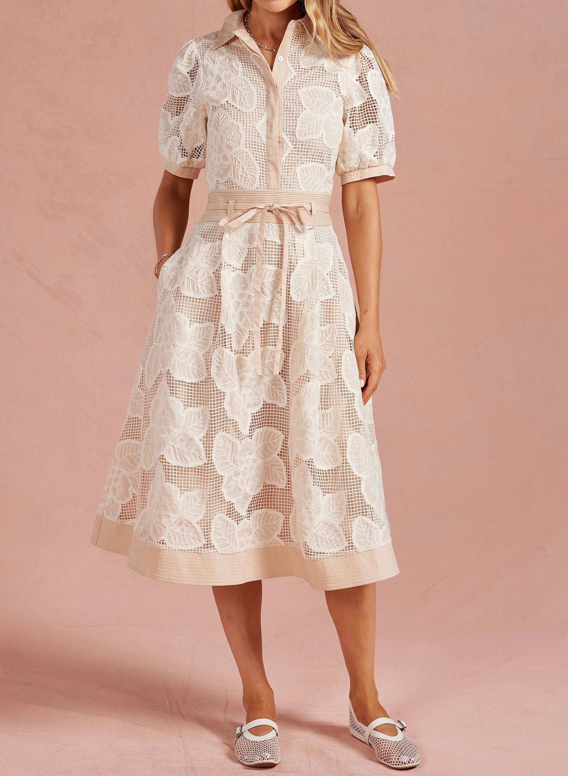 ALMOND FLORAL MESH CROCHET COLLARED SHIRT MIDI DRESS