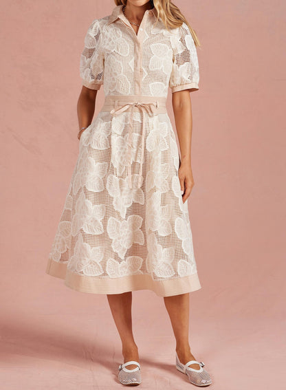 ALMOND FLORAL MESH CROCHET COLLARED SHIRT MIDI DRESS
