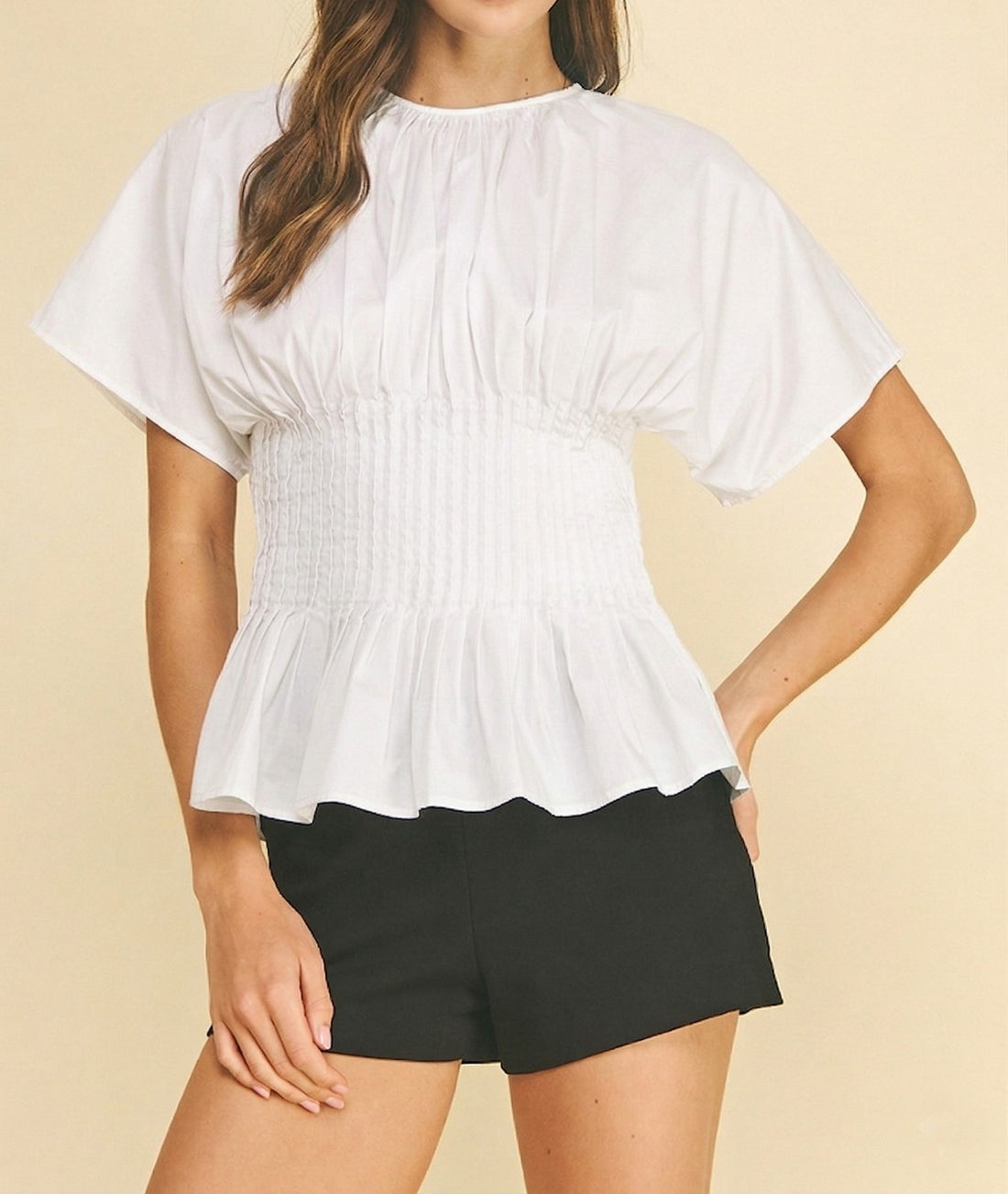WHITE PLEATED WAIST PEPLUM TOP