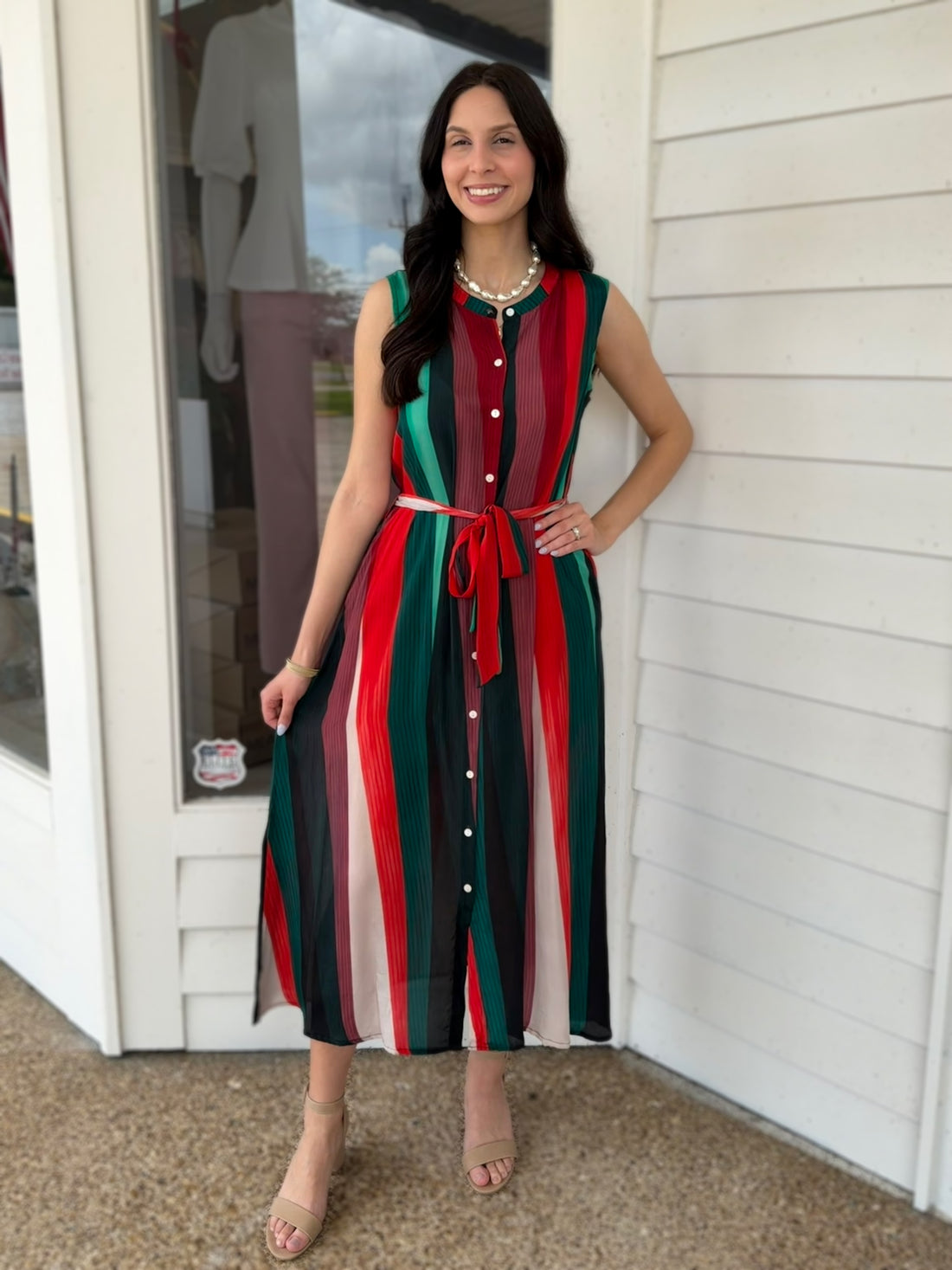 RED MULTI LINEAR FUSHION PRINT SLEEVELESS BUTTON UP SHIRT MIDI DRESS