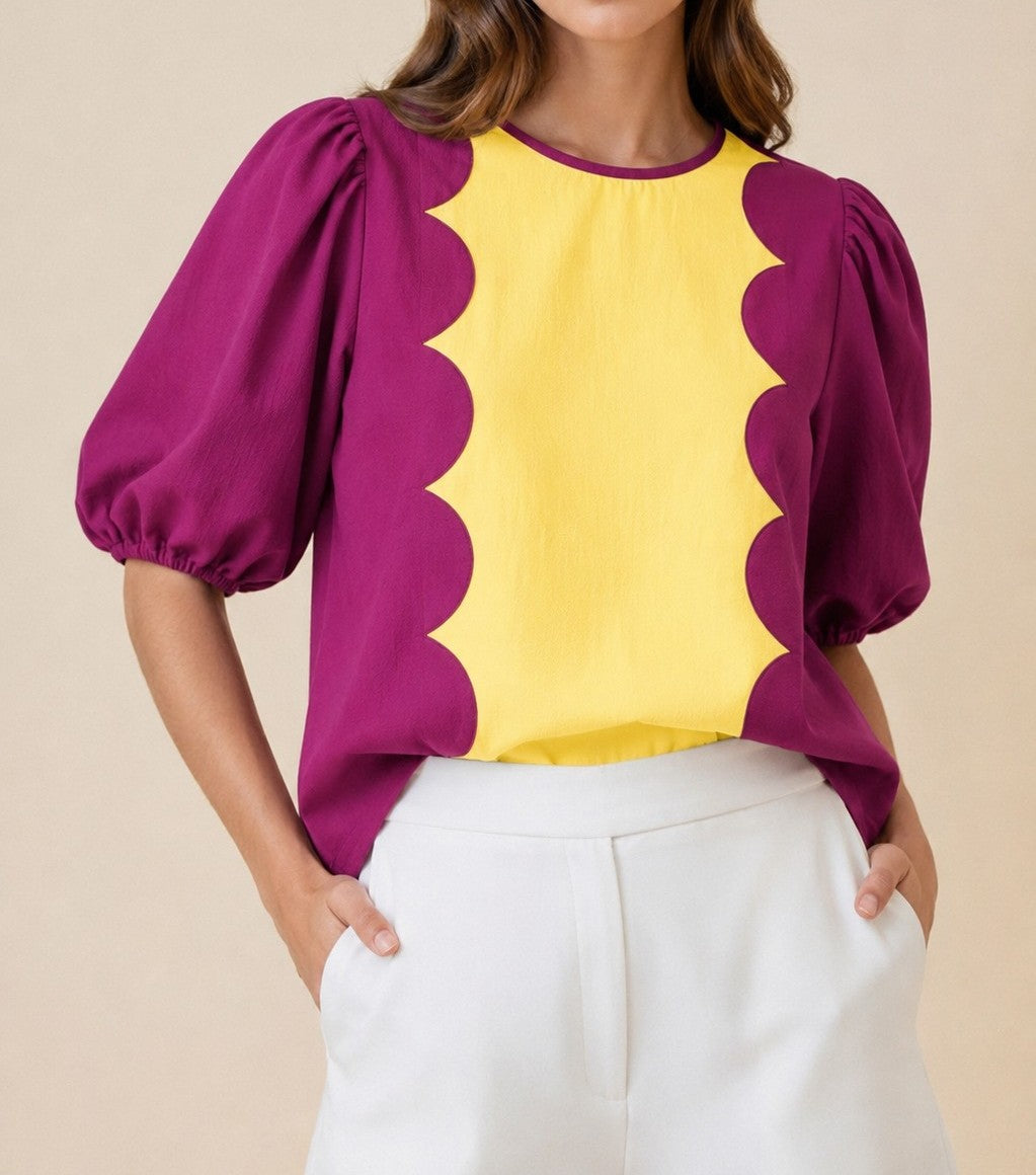 PURPLE/YELLOW SCALLOP WAVE PUFF SLEEVE TOP