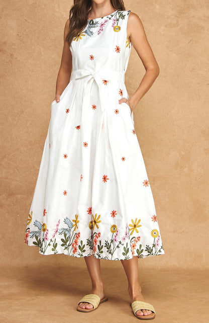 WHITE MULTI FLORAL EMBROIDERY WAIST TIE SLEEVELESS MIDI DRESS