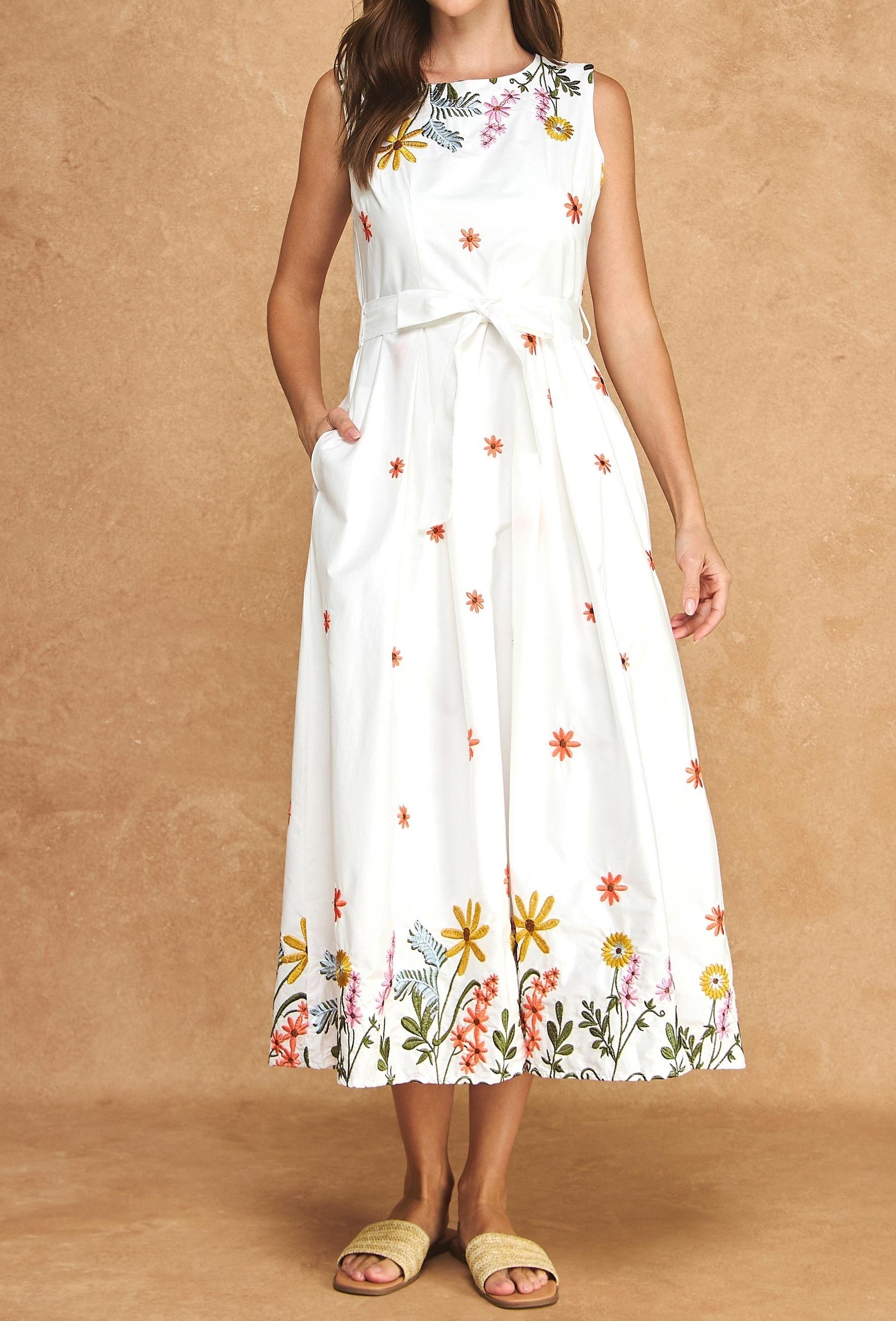 WHITE MULTI FLORAL EMBROIDERY WAIST TIE SLEEVELESS MIDI DRESS