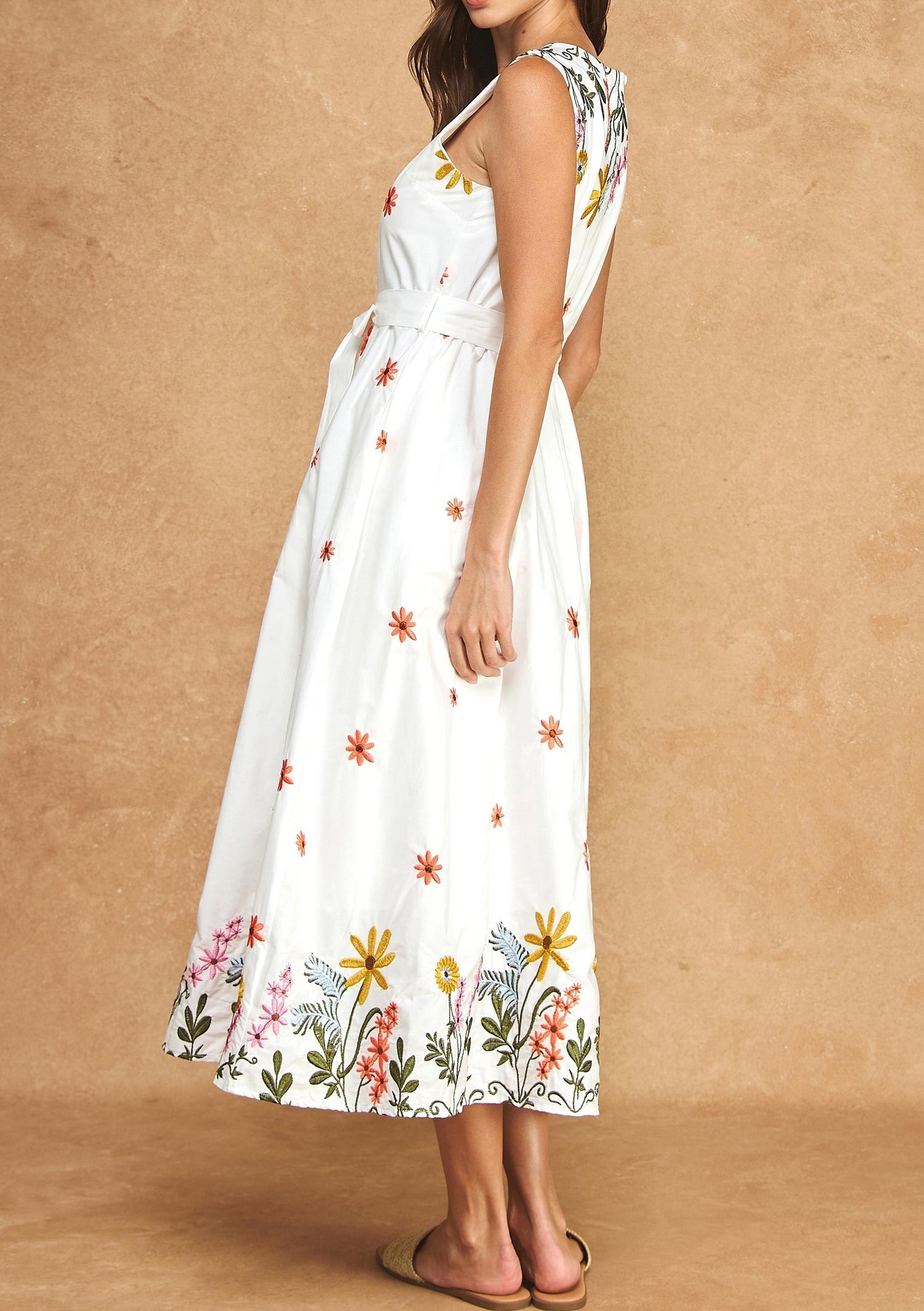 WHITE MULTI FLORAL EMBROIDERY WAIST TIE SLEEVELESS MIDI DRESS