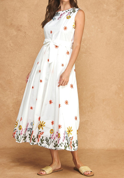 WHITE MULTI FLORAL EMBROIDERY WAIST TIE SLEEVELESS MIDI DRESS