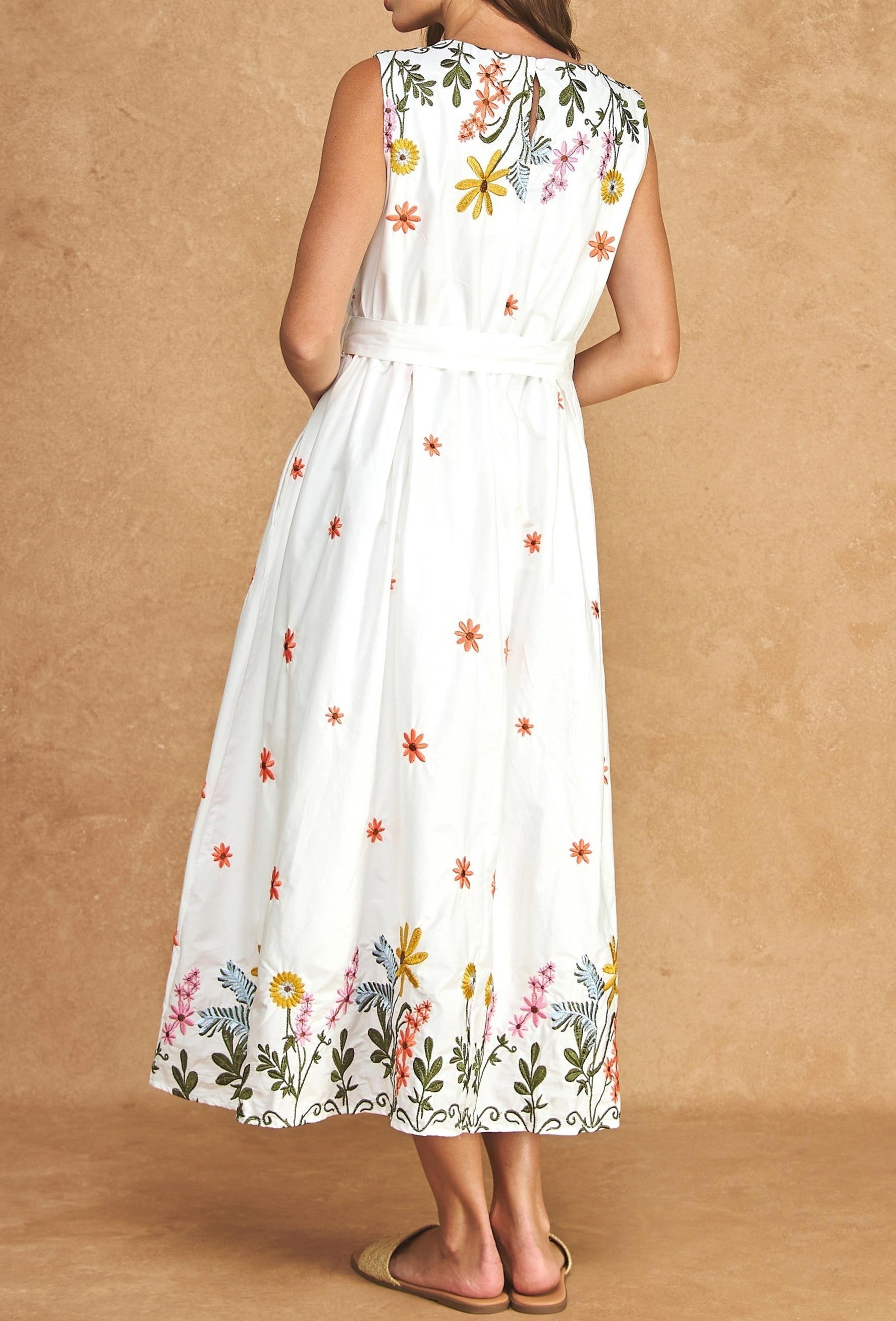 WHITE MULTI FLORAL EMBROIDERY WAIST TIE SLEEVELESS MIDI DRESS