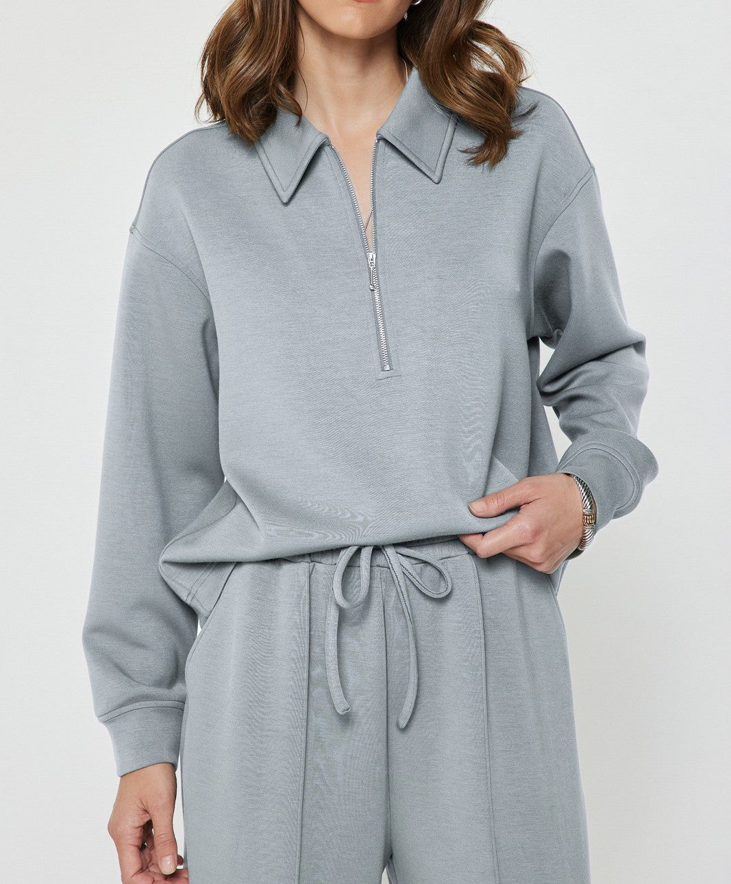 LIGHT DUSTY BLUE HALF ZIP LONG SLEEVE MODAL KNIT POLO SWEATSHIRT