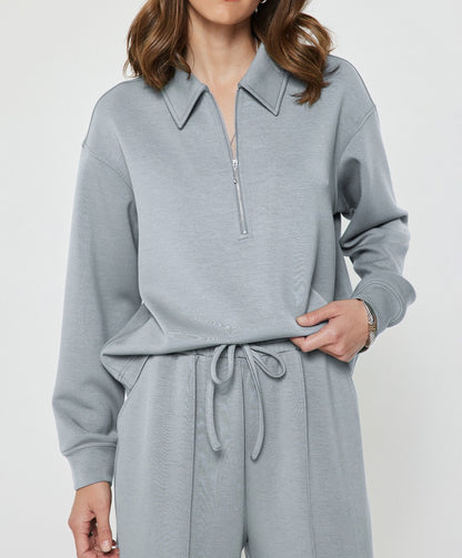 LIGHT DUSTY BLUE HALF ZIP LONG SLEEVE MODAL KNIT POLO SWEATSHIRT