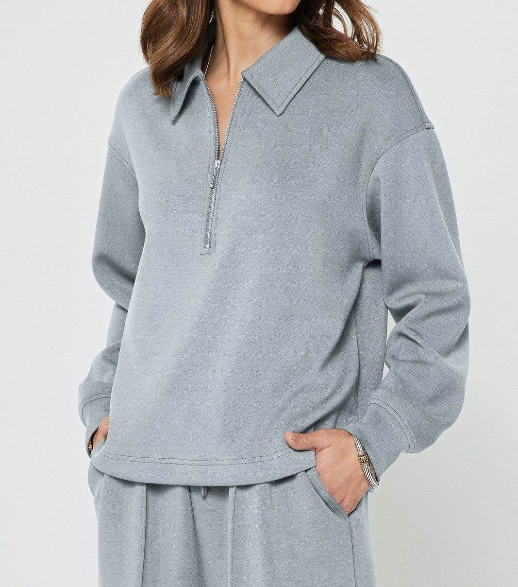 LIGHT DUSTY BLUE HALF ZIP LONG SLEEVE MODAL KNIT POLO SWEATSHIRT