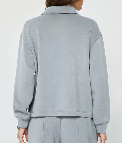 LIGHT DUSTY BLUE HALF ZIP LONG SLEEVE MODAL KNIT POLO SWEATSHIRT