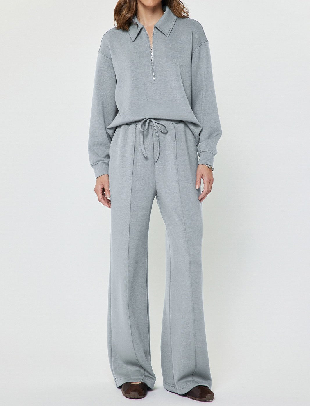 LIGHT DUSTY BLUE HALF ZIP LONG SLEEVE MODAL KNIT POLO SWEATSHIRT