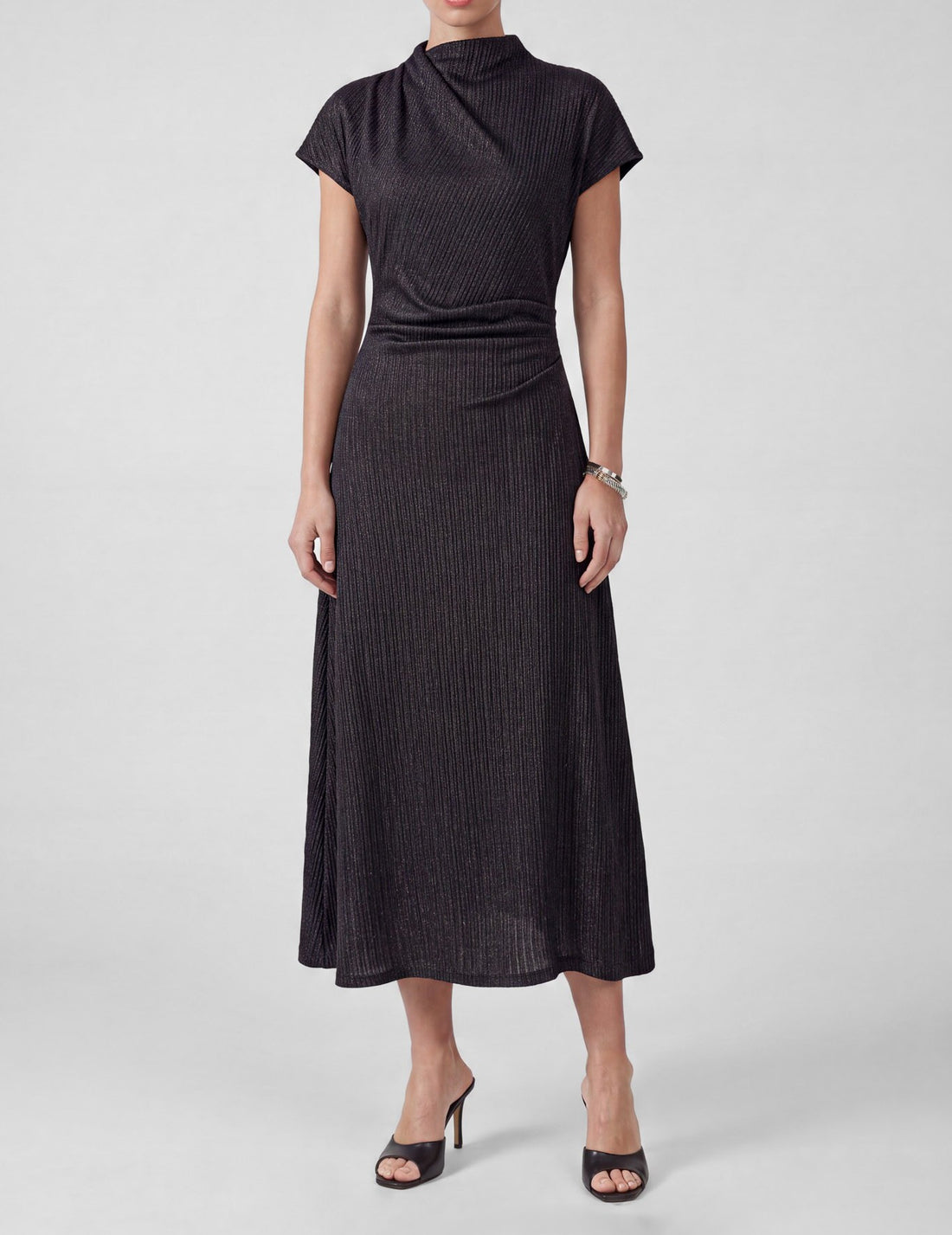 NAVY &amp; GOLD METALLIC RIBBED KNIT DRAPED MOCK NECK MIDI DRESS