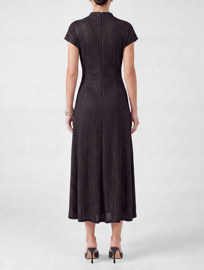 NAVY &amp; GOLD METALLIC RIBBED KNIT DRAPED MOCK NECK MIDI DRESS