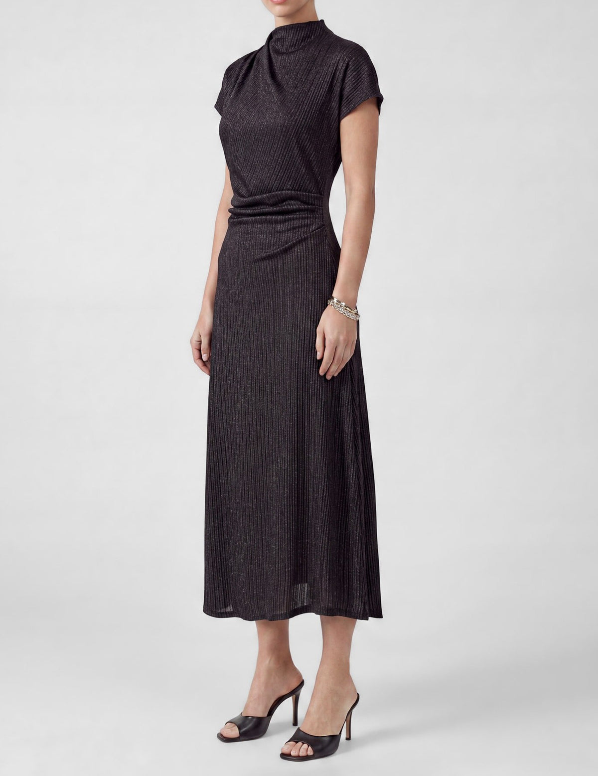 NAVY &amp; GOLD METALLIC RIBBED KNIT DRAPED MOCK NECK MIDI DRESS