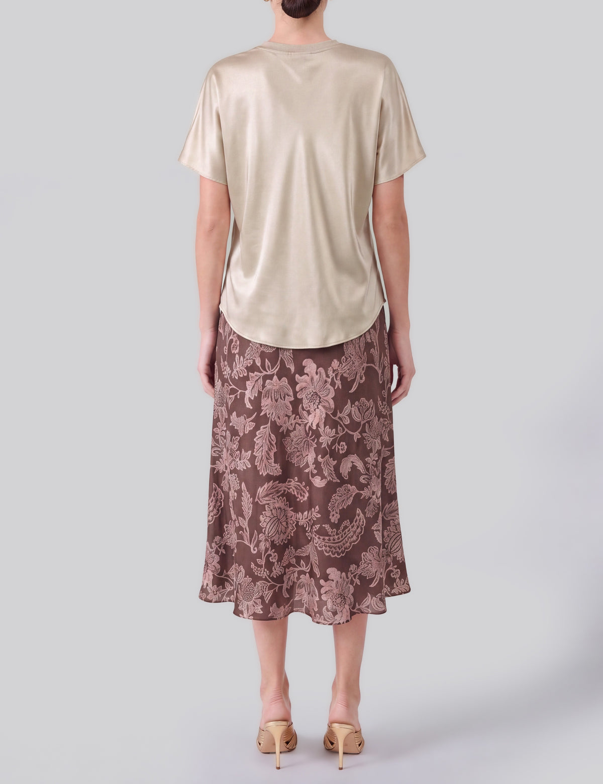 LIGHT TAUPE SATIN CREWNECK SHORT DOLMAN SLEEVE TOP