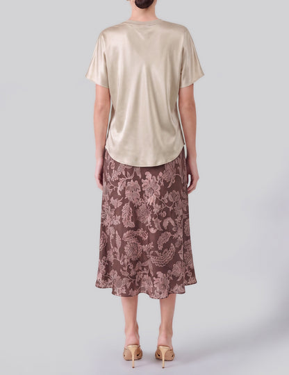 LIGHT TAUPE SATIN CREWNECK SHORT DOLMAN SLEEVE TOP