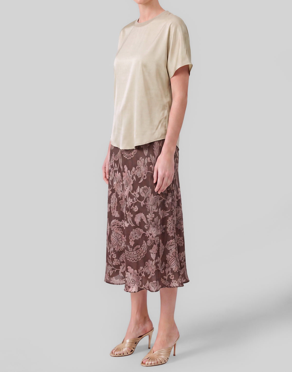 LIGHT TAUPE SATIN CREWNECK SHORT DOLMAN SLEEVE TOP