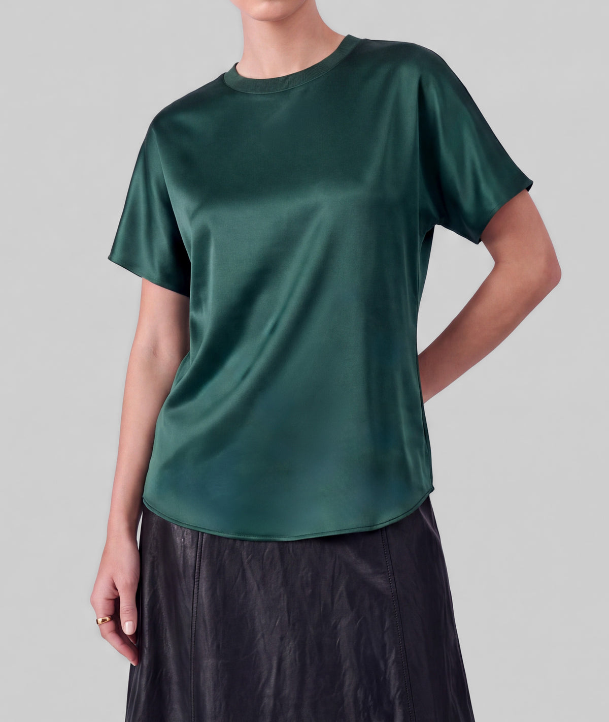 TEAL SATIN CREWNECK SHORT DOLMAN SLEEVE TOP
