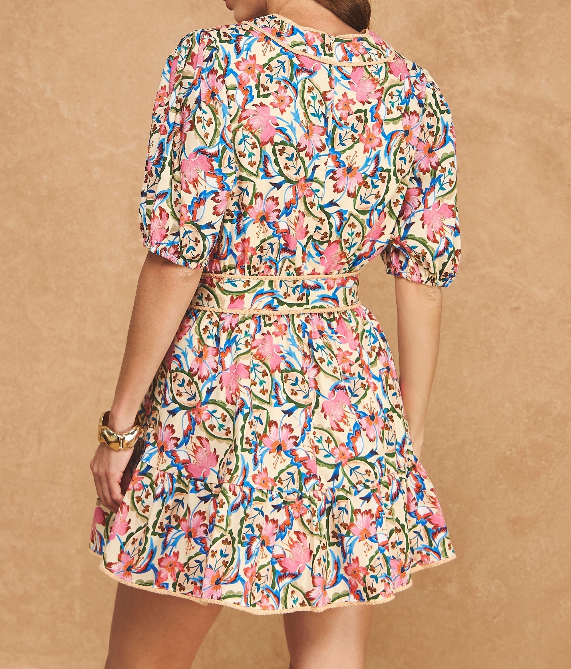 IVORY MULTI FLORAL VNECK PUFF SLEEVE BELTED MINI DRESS