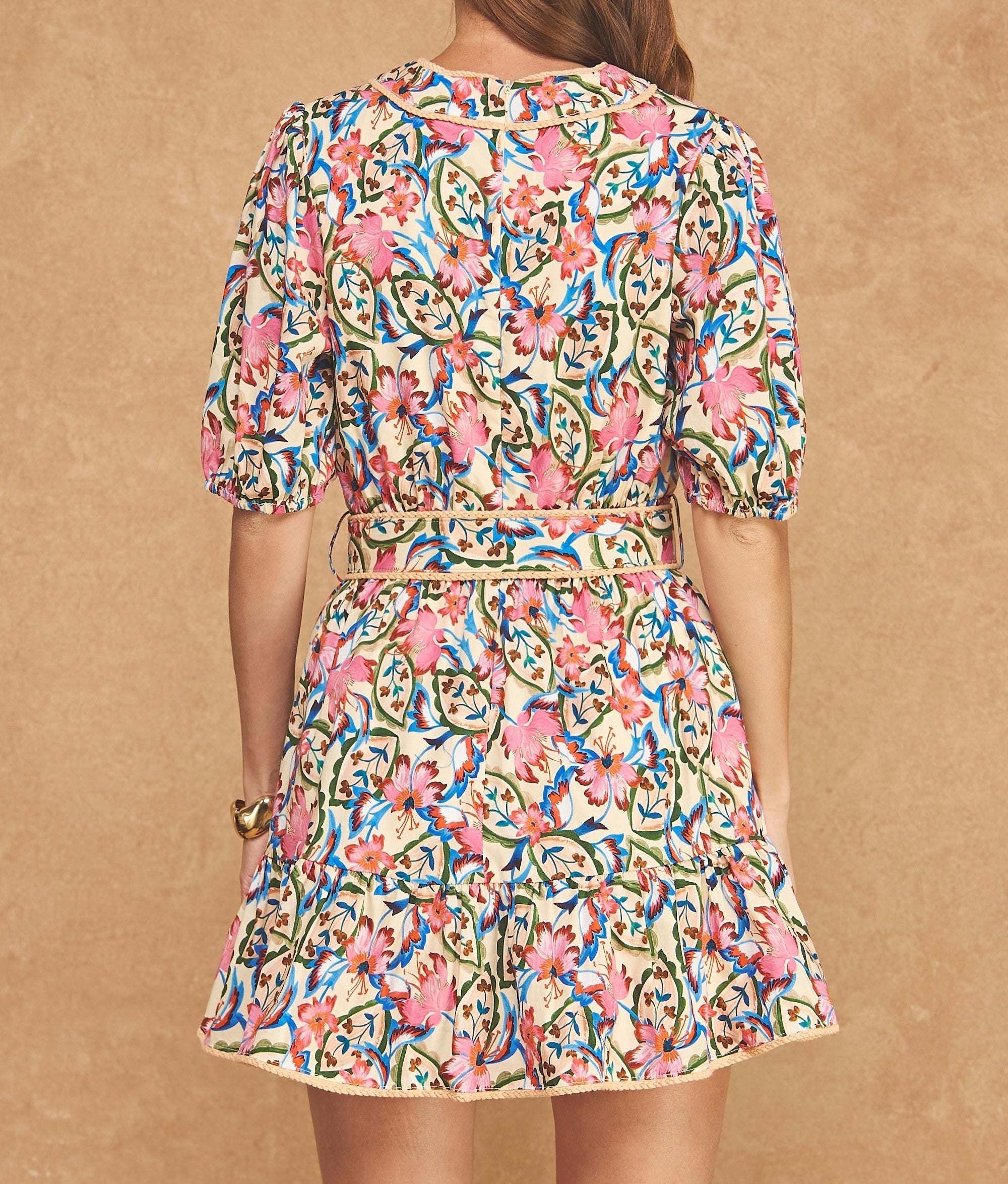 IVORY MULTI FLORAL VNECK PUFF SLEEVE BELTED MINI DRESS