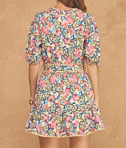 IVORY MULTI FLORAL VNECK PUFF SLEEVE BELTED MINI DRESS